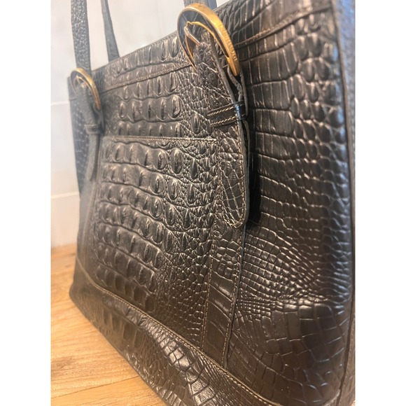 Vintage Brahmin Croc Embossed Black Leather Tote Bag Shoulder Gold Accents ** - Picture 7 of 16